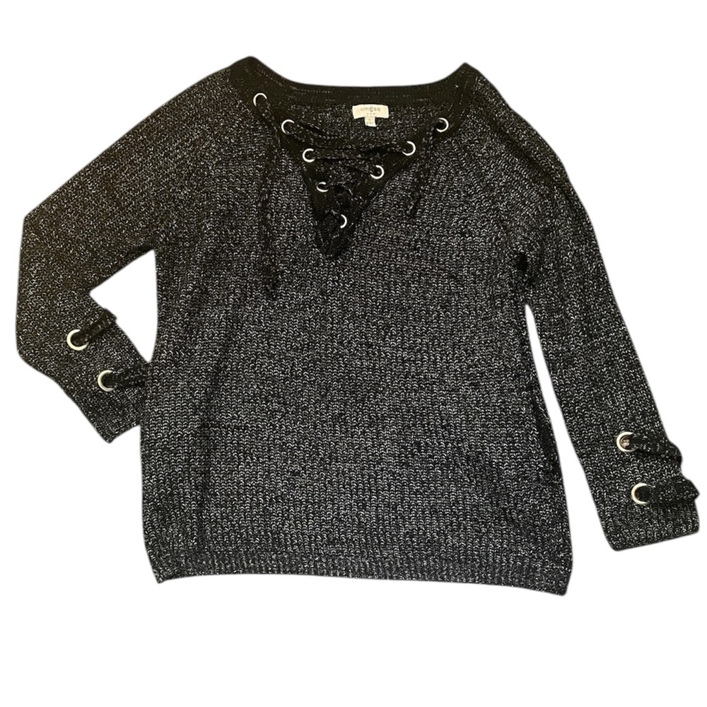 Umgee Lace Up Criss Cross Black and White Lace-Up Knit Sweater Large